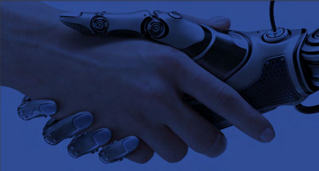 человеческая рука встречает руку робота в рукопожатии с фиолетовым наложением