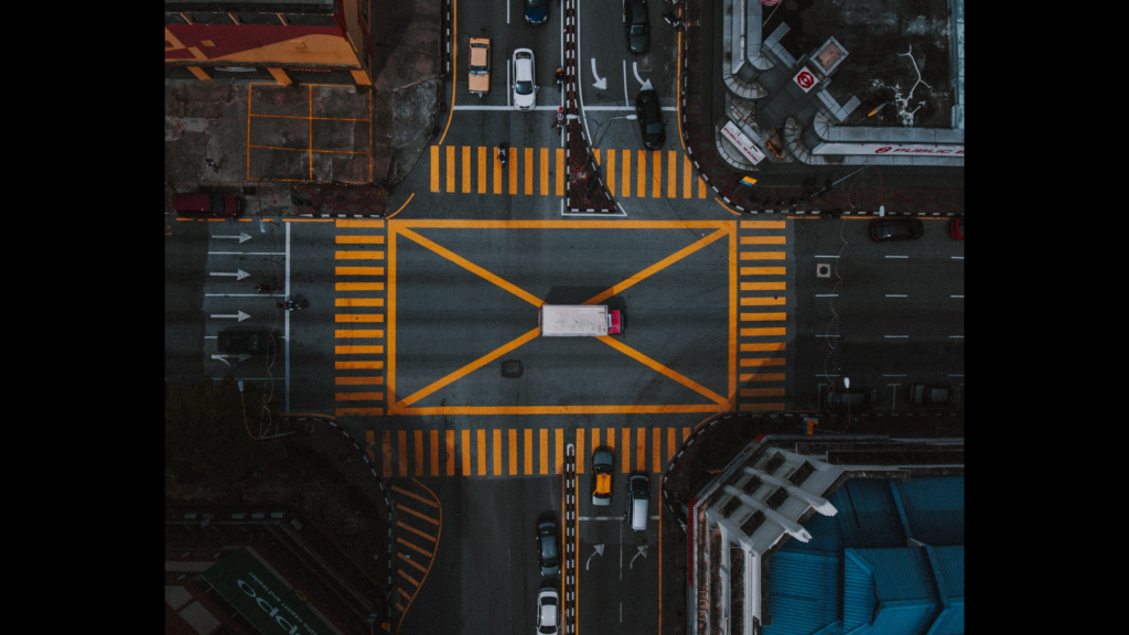 Aerial photo of a truck in the middle of the road