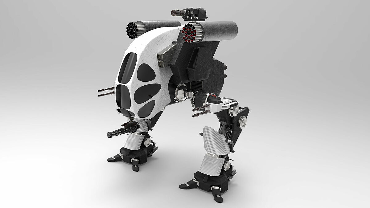 futuristic robot outfitted with guns