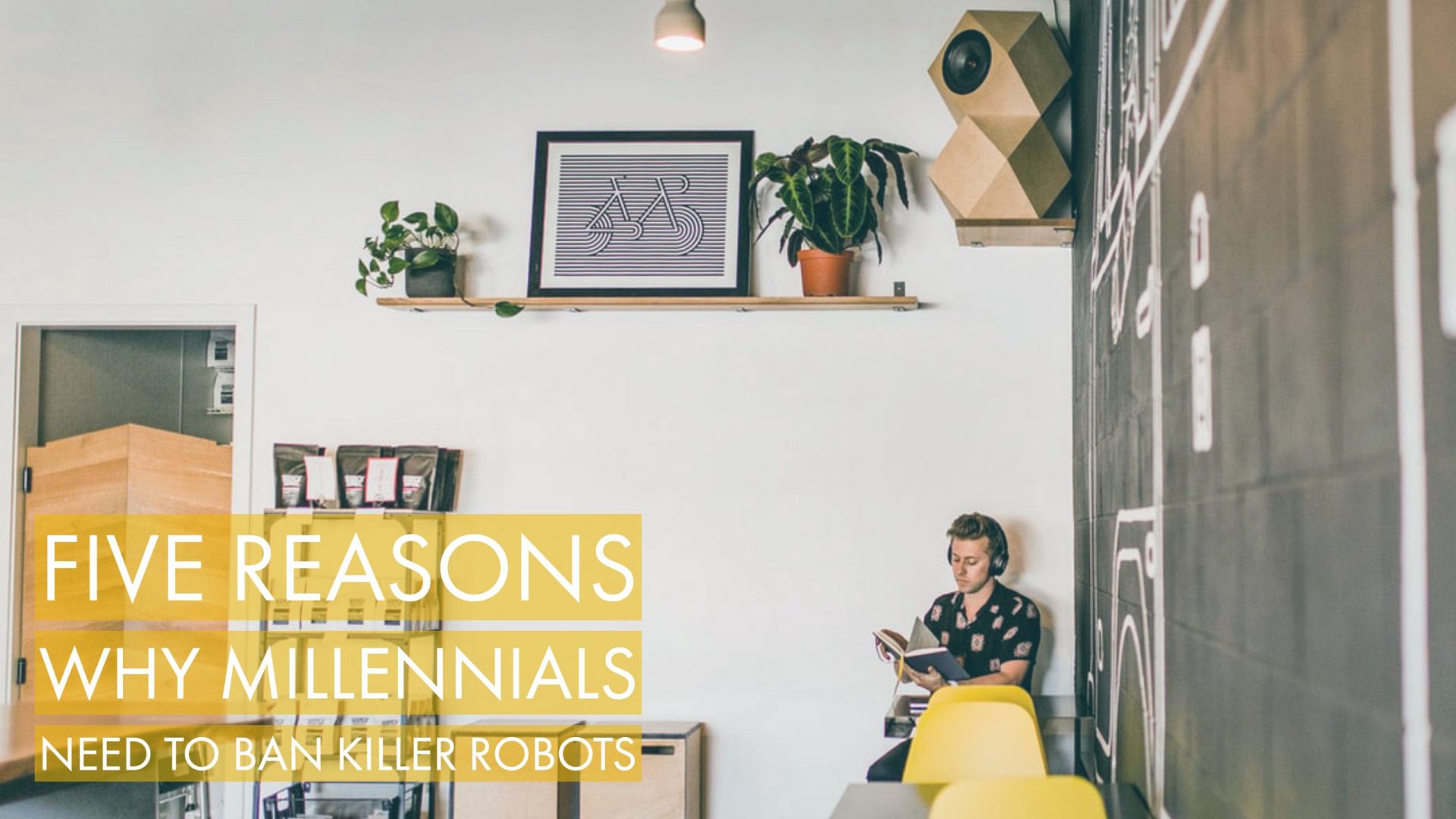 A millennial sits in the corner of a room, reading, headphones on surrounded by millennial furnishings including houseplants