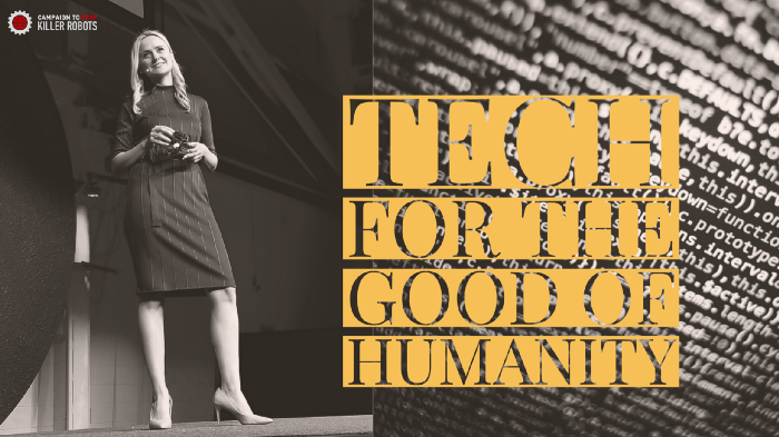 Branka Marijan 在 True North 2019 上发表讲话，图片右侧的文字是 Tech for the Good of Humanity