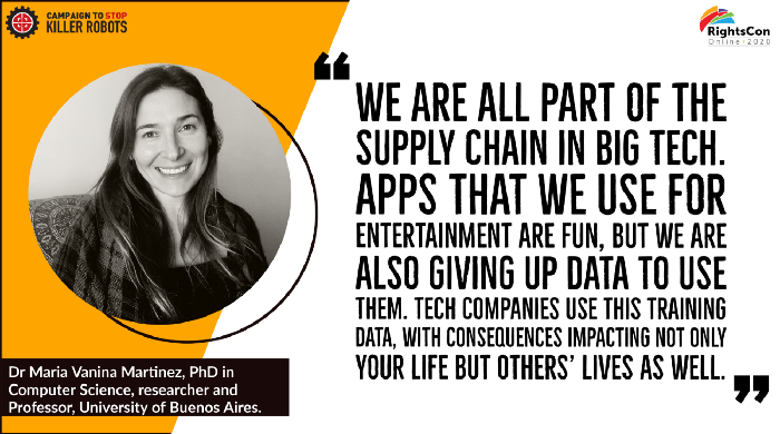 Photo of Dr. Maria Vanina Martinez, which reads “We are all part of the supply chain in big tech. Apps that we use for entertainment are fun, but we are also giving up data to use the, Tech companies use this training data, with consequences impacting not only your life but others’ lives as well.”