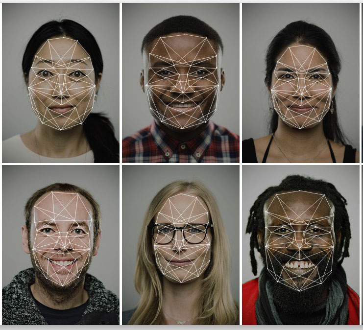 6 people of different ethnicities, each with facial recognition markers on their faces look directly to camera smiling