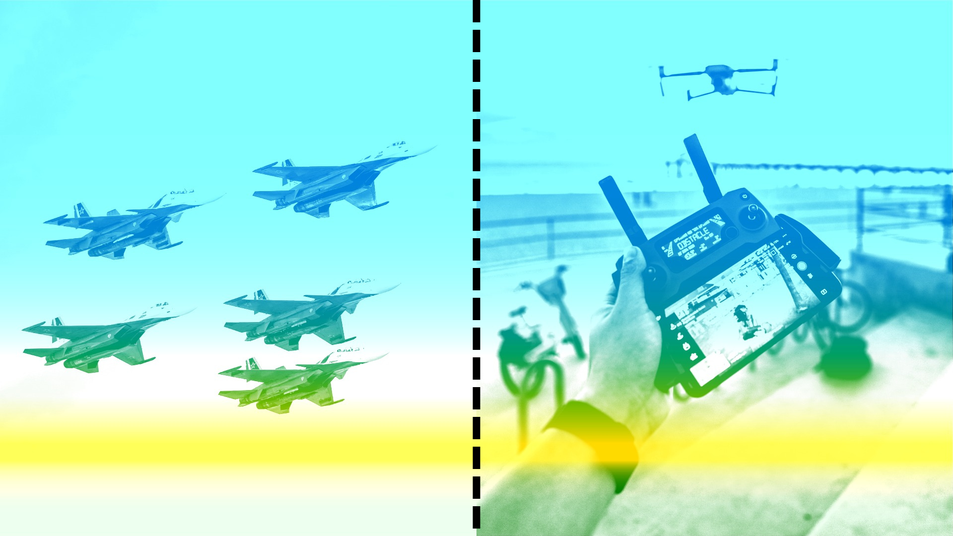 une image d'une flotte d'avions militaires sur la gauche. À droite, une image des mains d'une personne contrôlant un drone vu au loin. Les images sont séparées par une ligne perforée.